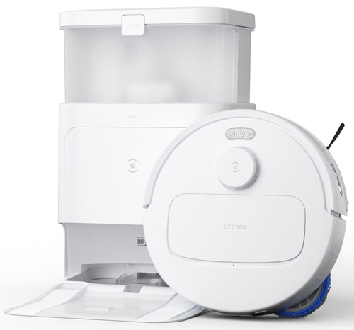 Weißer Roboterstaubsauger mit Ladestation, DEEBOT-Logo, Reinigungsgerät