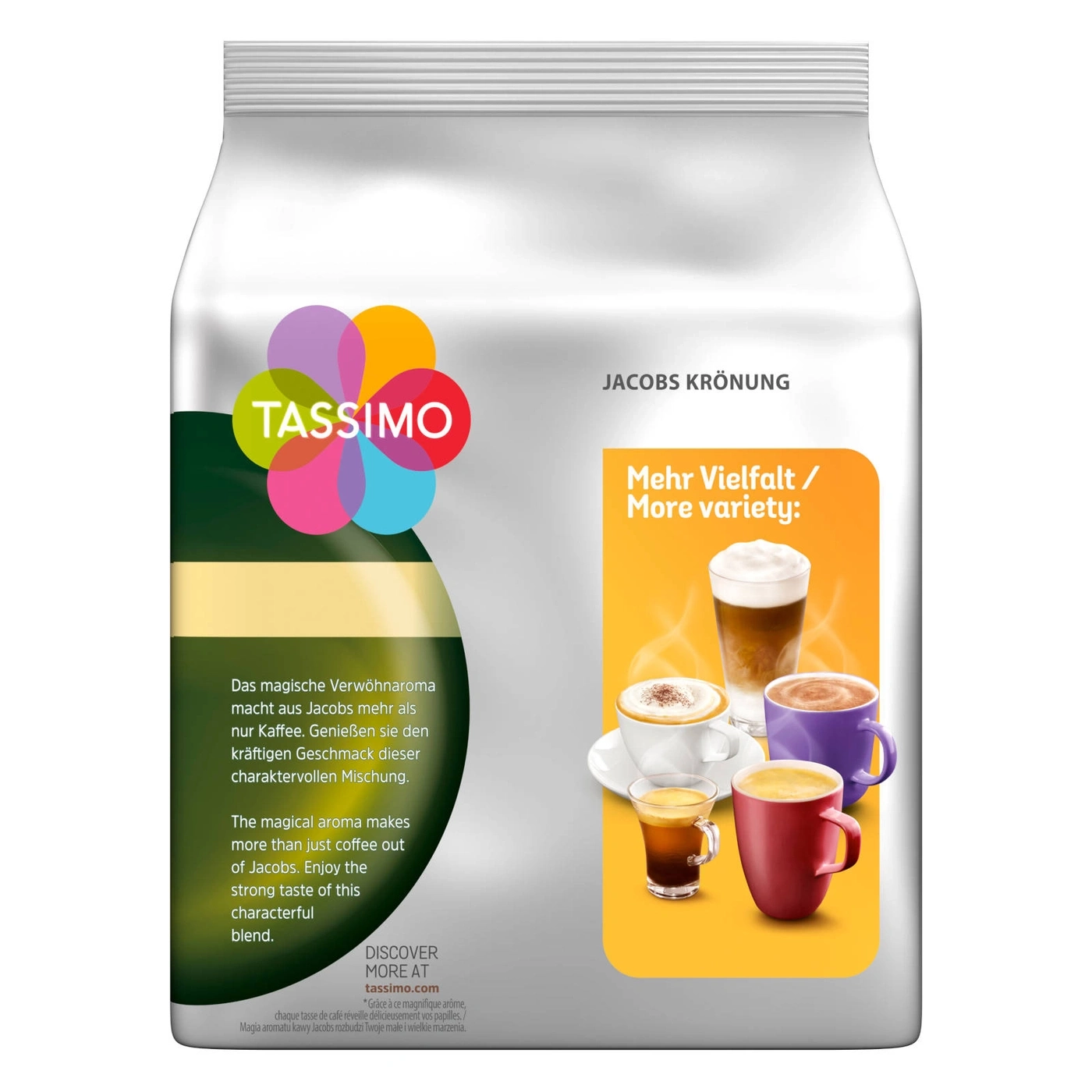 Tassimo Jacobs Krönung Kaffeepackung mit verschiedenen Kaffeesorten und Text.