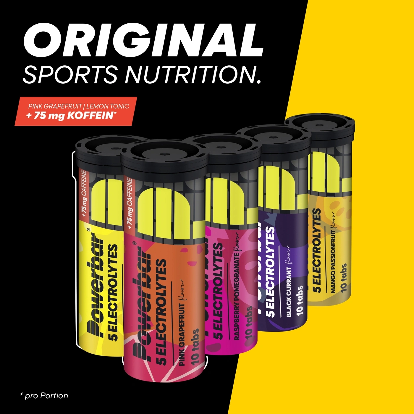 Fünf Röhren mit Powerbar 5 Elektrolyten Brausetabletten in verschiedenen Geschmacksrichtungen wie Pink Grapefruit, Himbeere und Mango auf schwarzem und gelbem Hintergrund.
