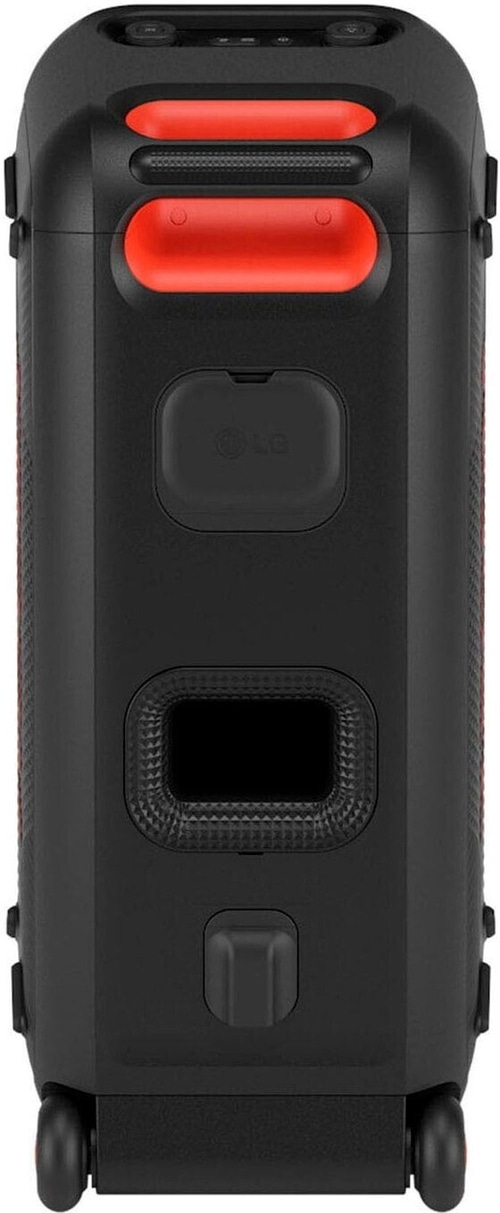Schwarzer Lautsprecher mit roten Akzenten, LG-Logo und Rädern für Mobilität.