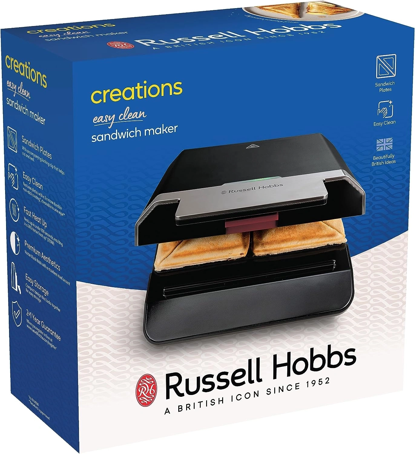 Russell Hobbs Sandwichmaker, leicht zu reinigen, schnell erhitzt, kompaktes Design.