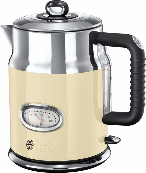 Beige Wasserkocher mit Temperaturanzeige und schwarzem Griff, Russell Hobbs.