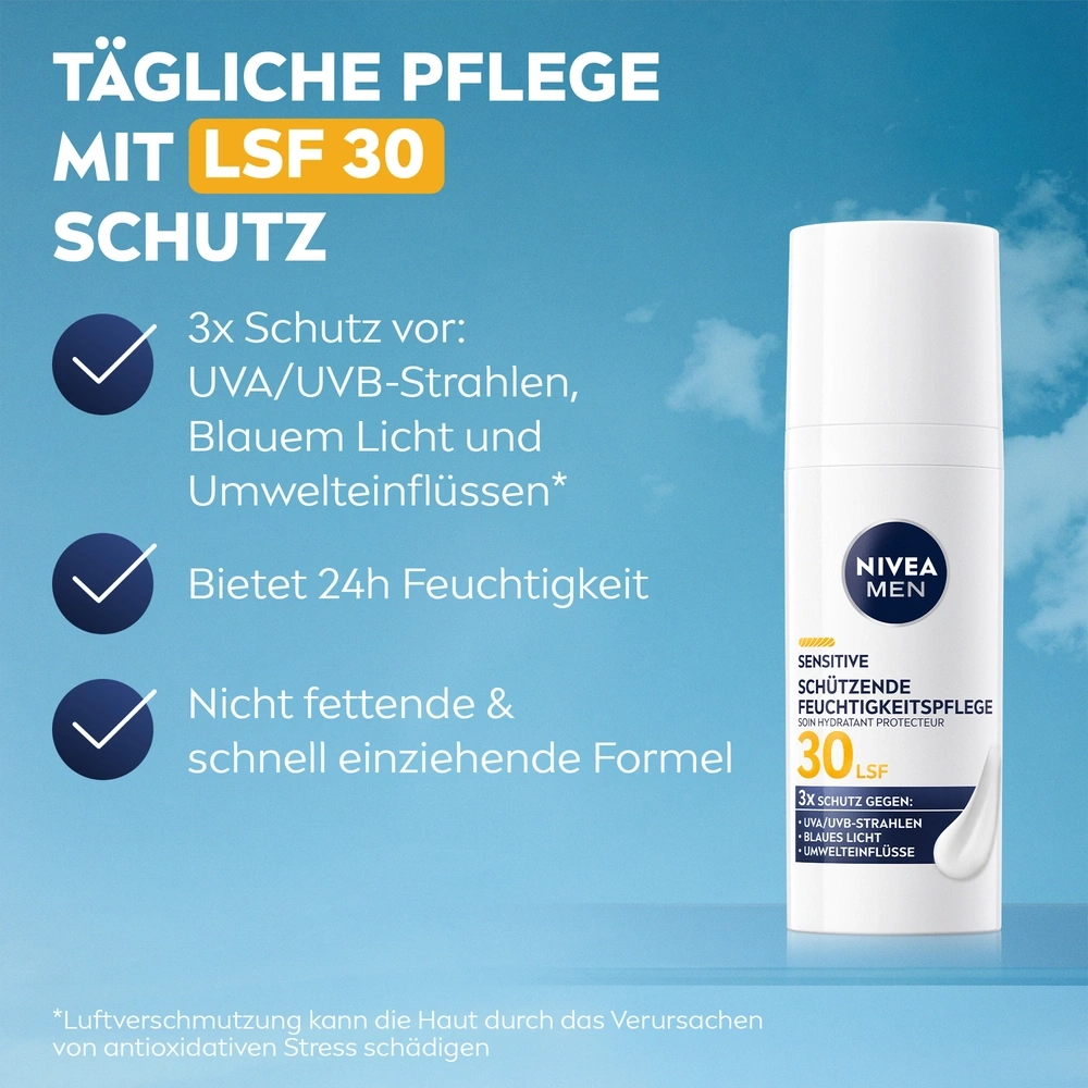 Nivea Men Produkt, tägliche Pflege, LSF 30, Schutz, Feuchtigkeit, UVA/UVB-Strahlen, blaues Licht, Umwelteinflüsse