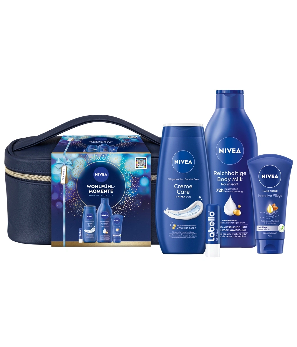 Nivea Kosmetiktasche mit Pflegeprodukten: Duschgel, Body Milk, Handcreme und Lippenbalsam.