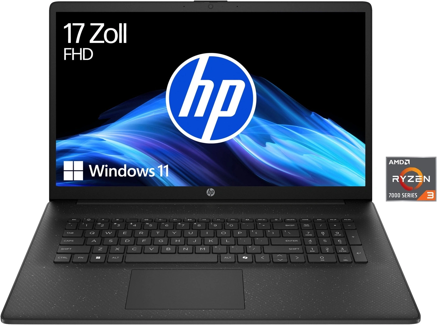 Ein schwarzer HP Laptop mit einem großen "hp" Logo und Windows 11 auf dem Bildschirm.