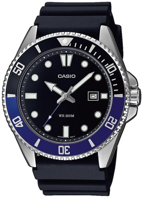 Schwarze Casio-Uhr mit blauem Akzent und Datumsanzeige, Wasserdicht bis 200m.
