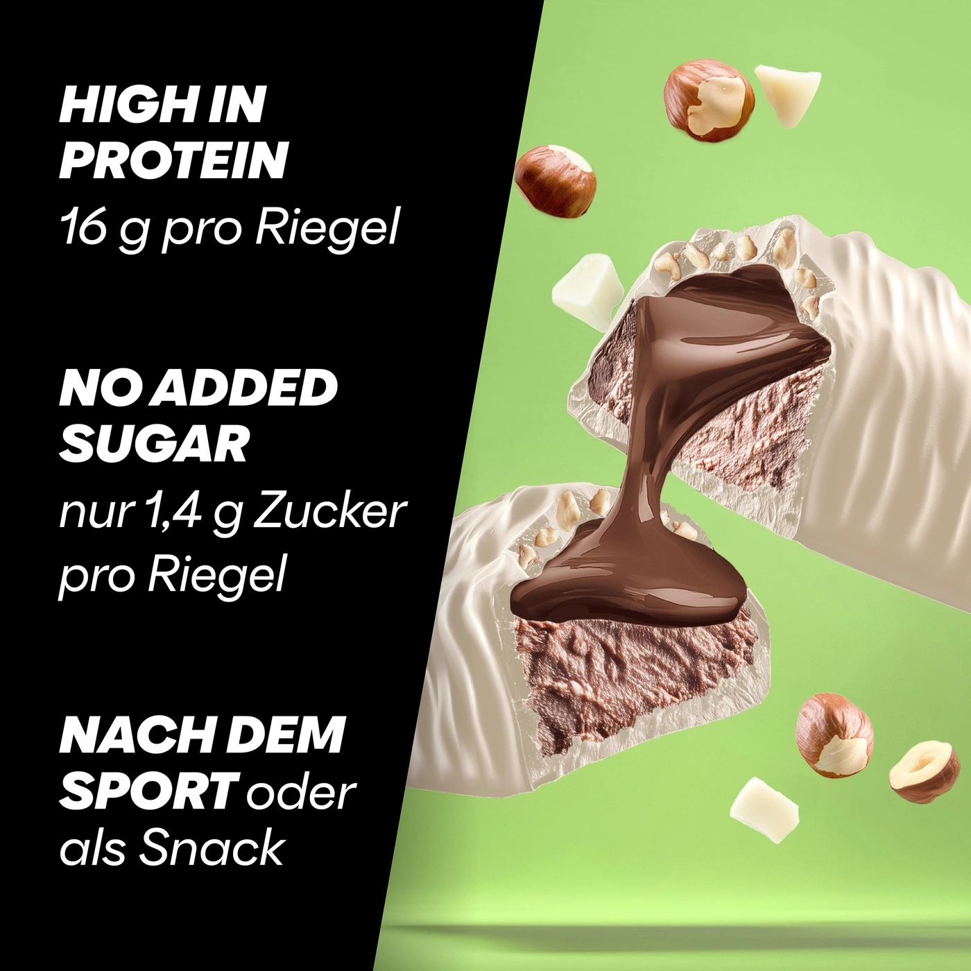 Hoher Proteinriegel mit Schokolade und Nüssen
