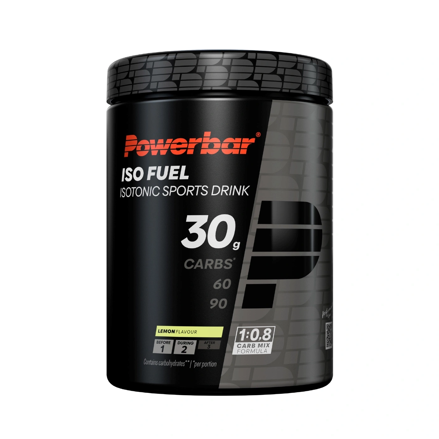 Eine schwarze Dose Powerbar Iso Fuel Isotonic Sports Drink mit gelbem Etikett