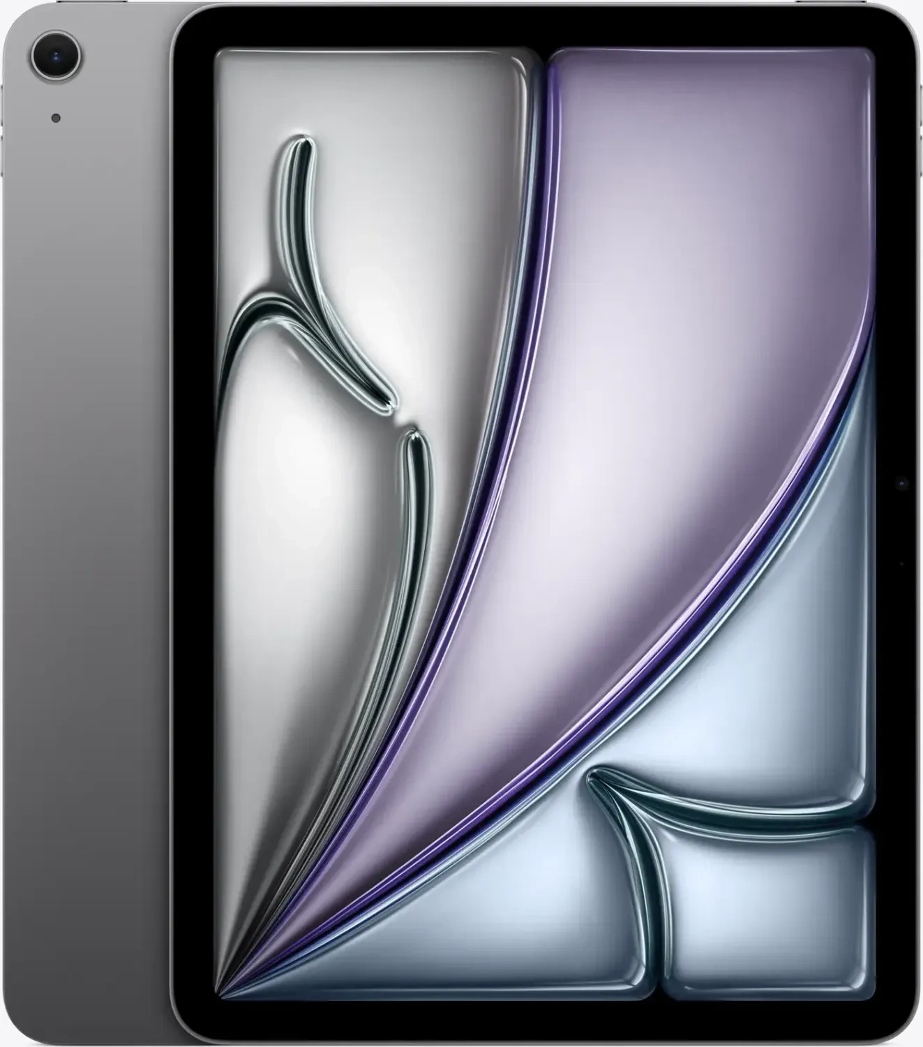 Graues Apple iPad mit abstrakter Bildschirmanzeige in lila und silbernen Tönen.