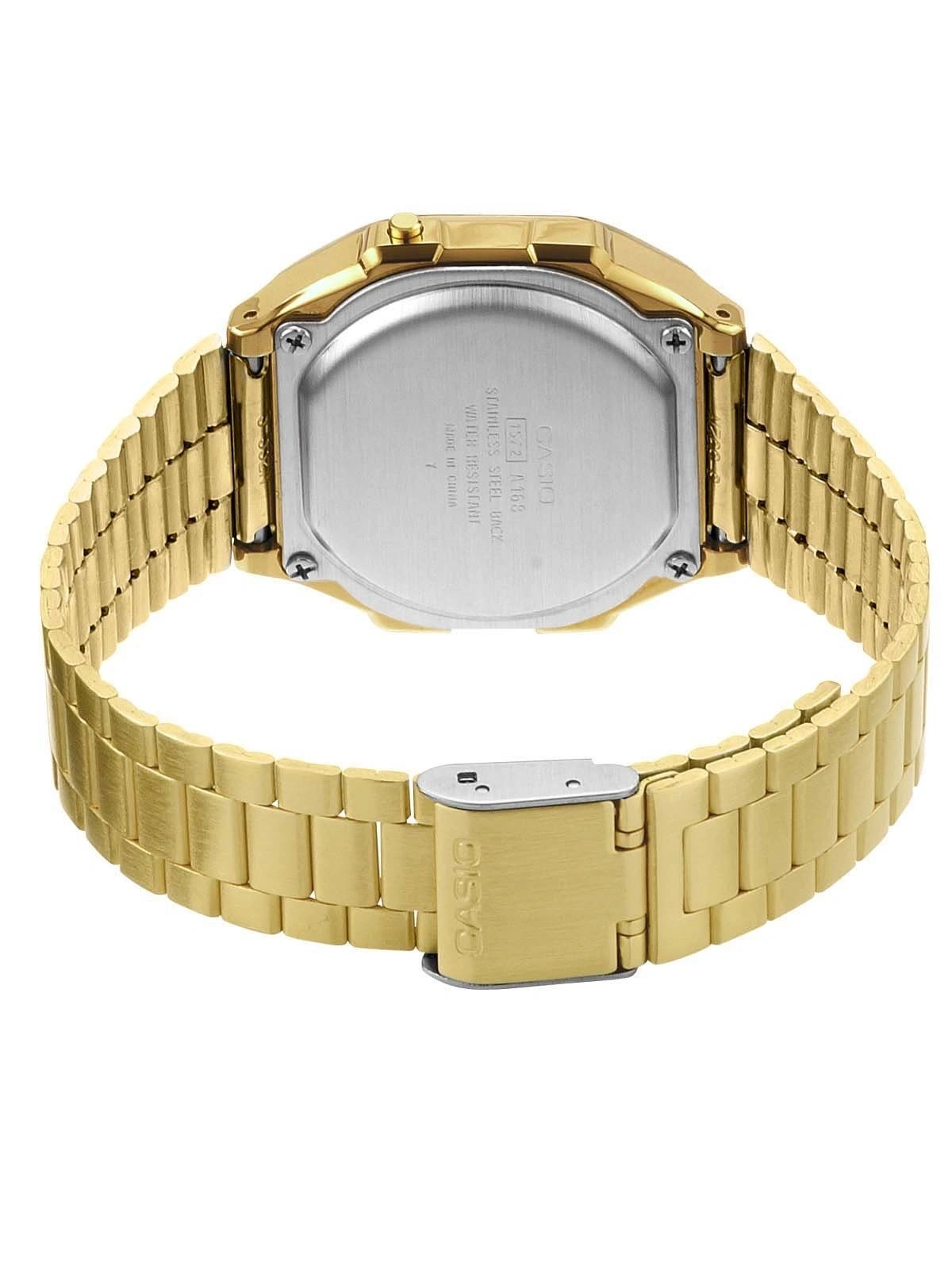 Die Rückseite einer goldenen Casio-Uhr mit Armband aus Edelstahl.