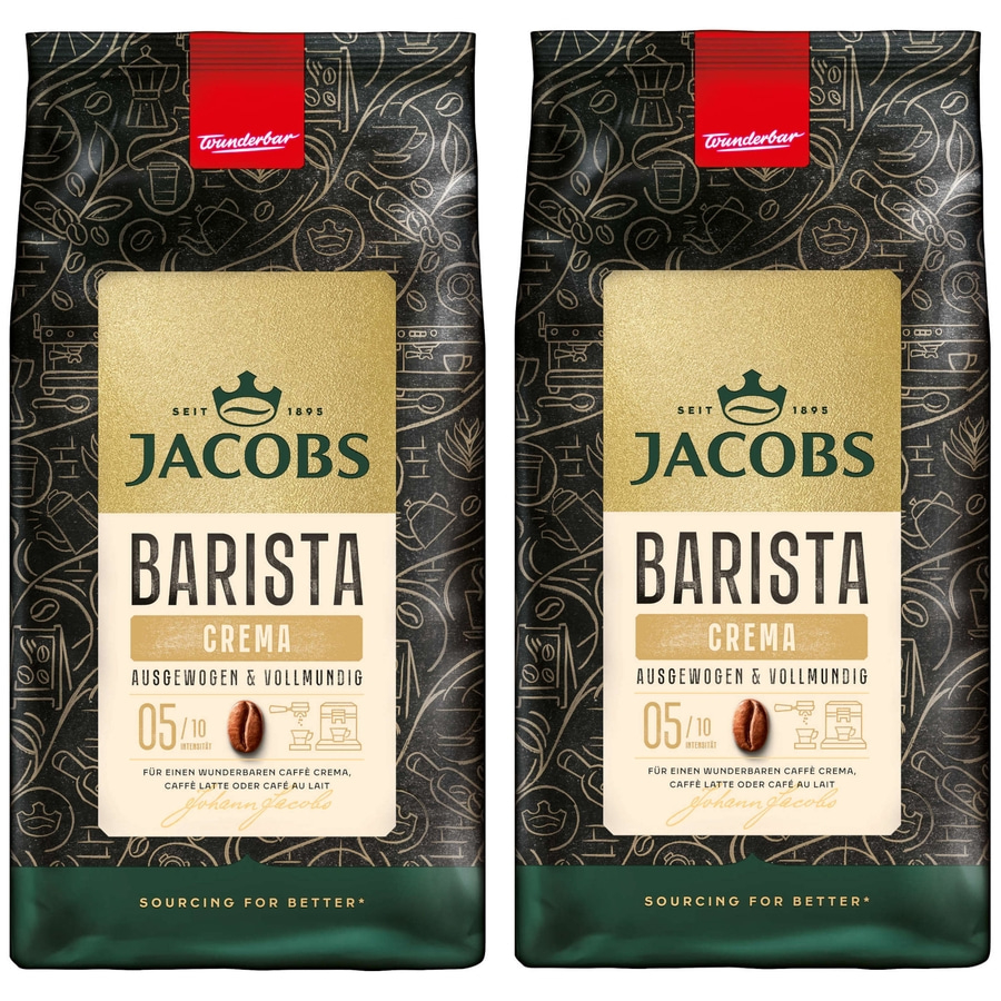Zwei Jacobs Barista Crema Kaffeepackungen mit rotem Logo und goldenem Hintergrund.