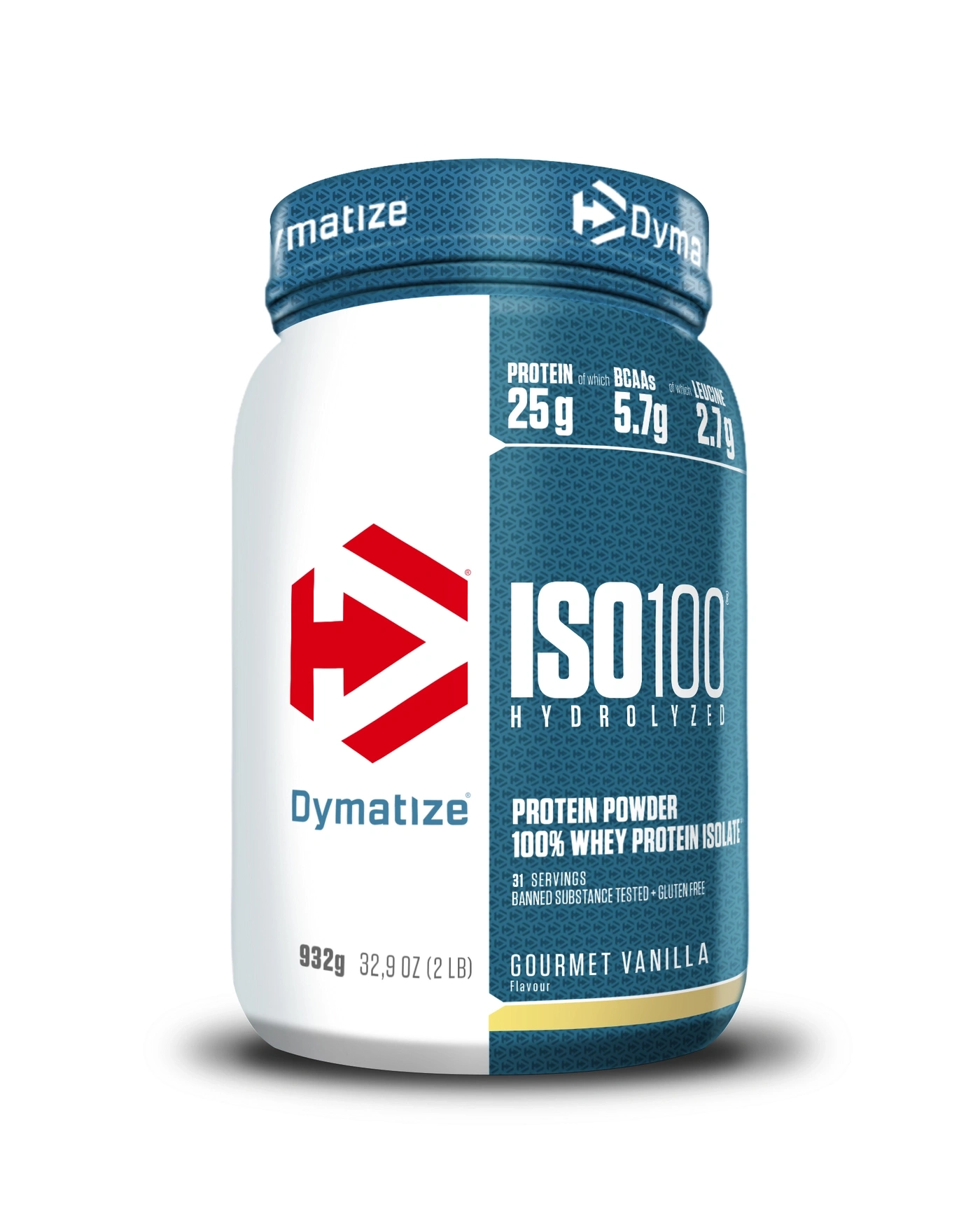 Ein Becher Dymatize ISO 100 Hydrolyzed Gourmet Vanilla Proteinpulver.