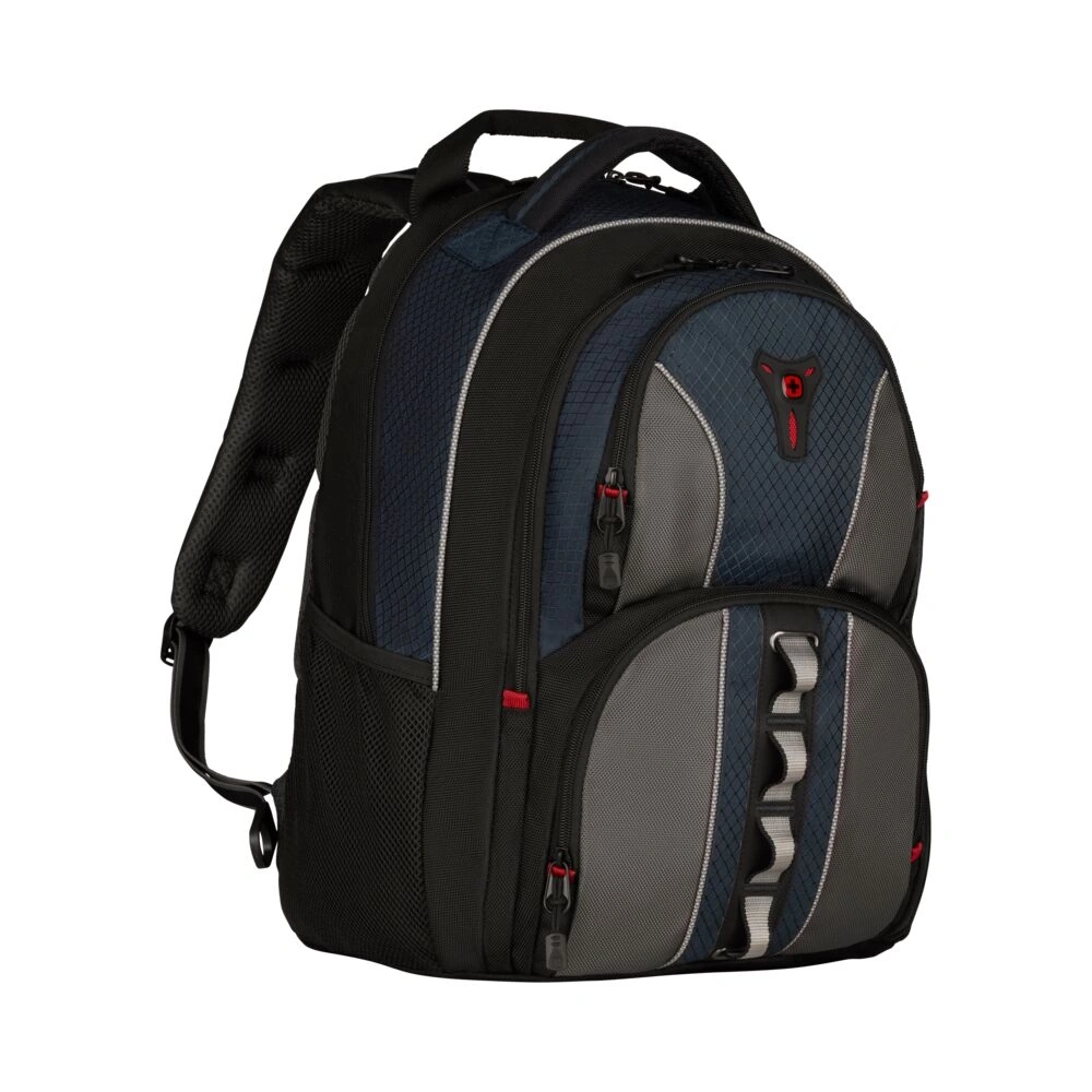 Blauer und grauer Rucksack mit roten Reißverschlüssen und weißem Muster, Nahaufnahme