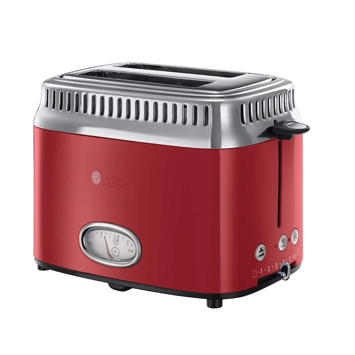 Roter Toaster mit silbernen Akzenten und Bräunungsstufen-Einstellung