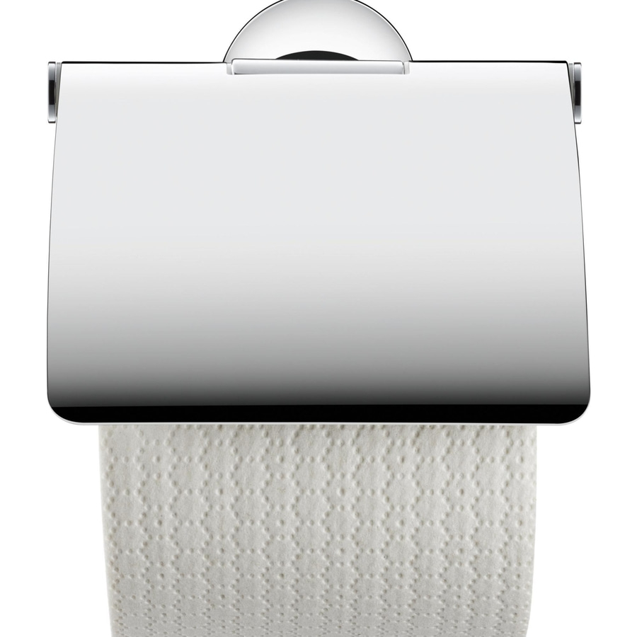 Toilettenpapierhalter mit glänzender Abdeckung und Papierrolle, Nahaufnahme