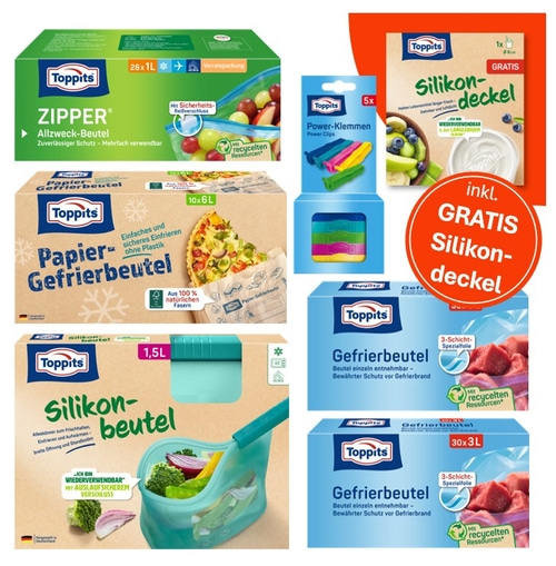 Toppits Produkte: Gefrierbeutel, Silikondeckel, Zipper, Power-Klemmen, Papier-Gefrierbeutel.