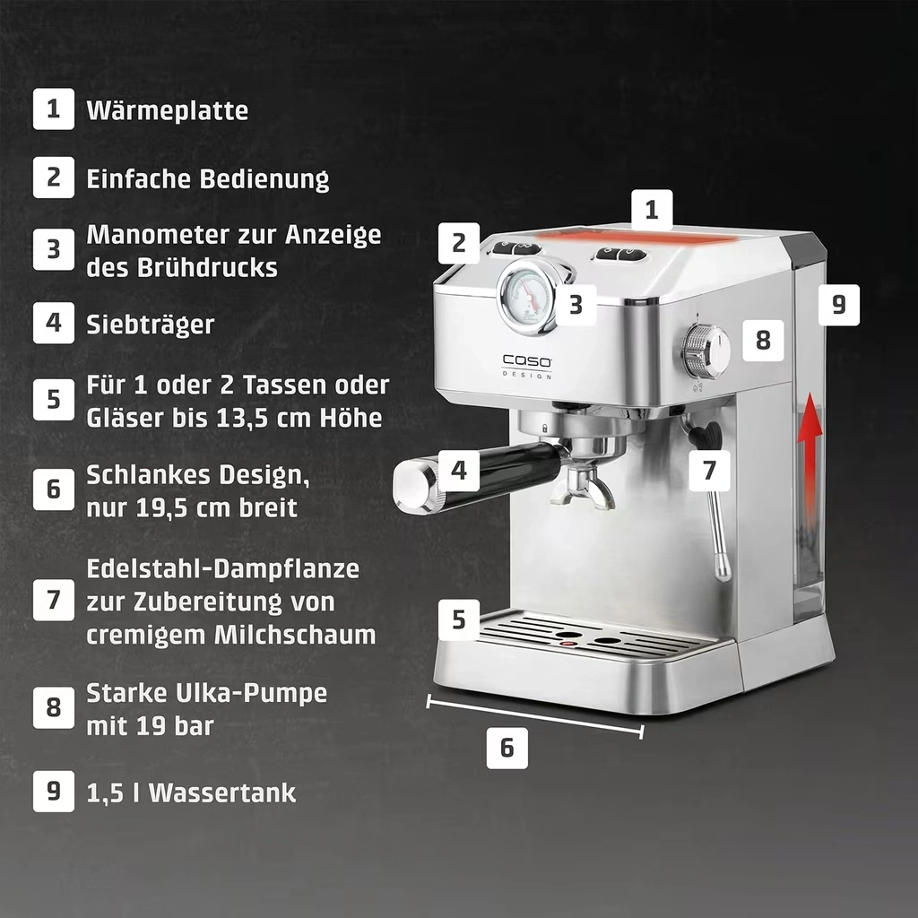 CASO Design Espresso Gourmet Siebträgermaschine 19 Bar Edelstahl Kaffee NEU