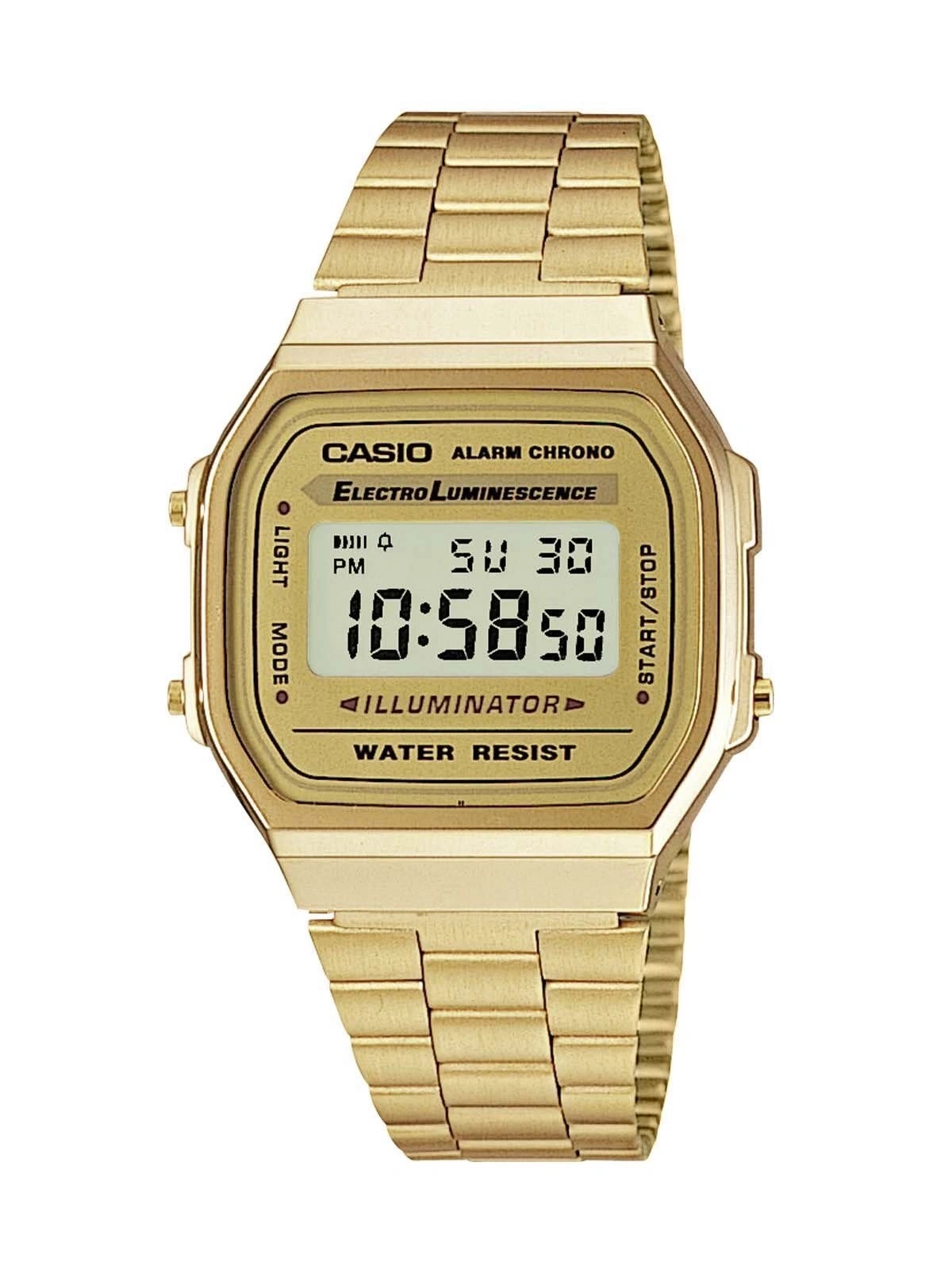 Goldene Casio Armbanduhr mit digitaler Anzeige, die 10:58:50 anzeigt.