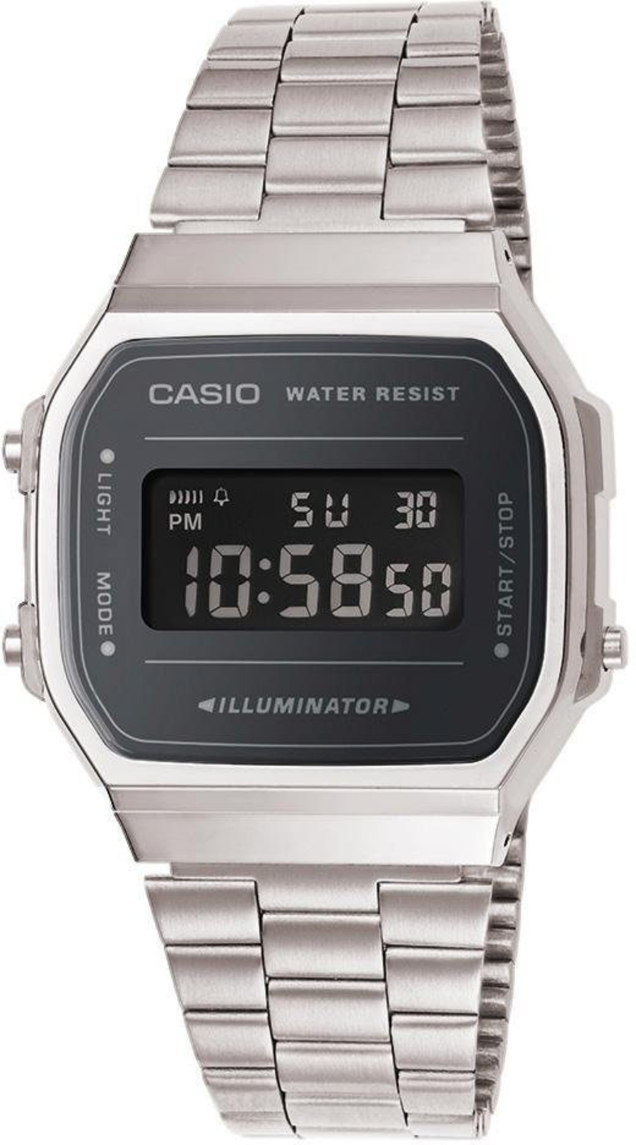 Casio Digitaluhr mit Edelstahlarmband, Anzeige von Uhrzeit und Datum, beleuchtetes Display.