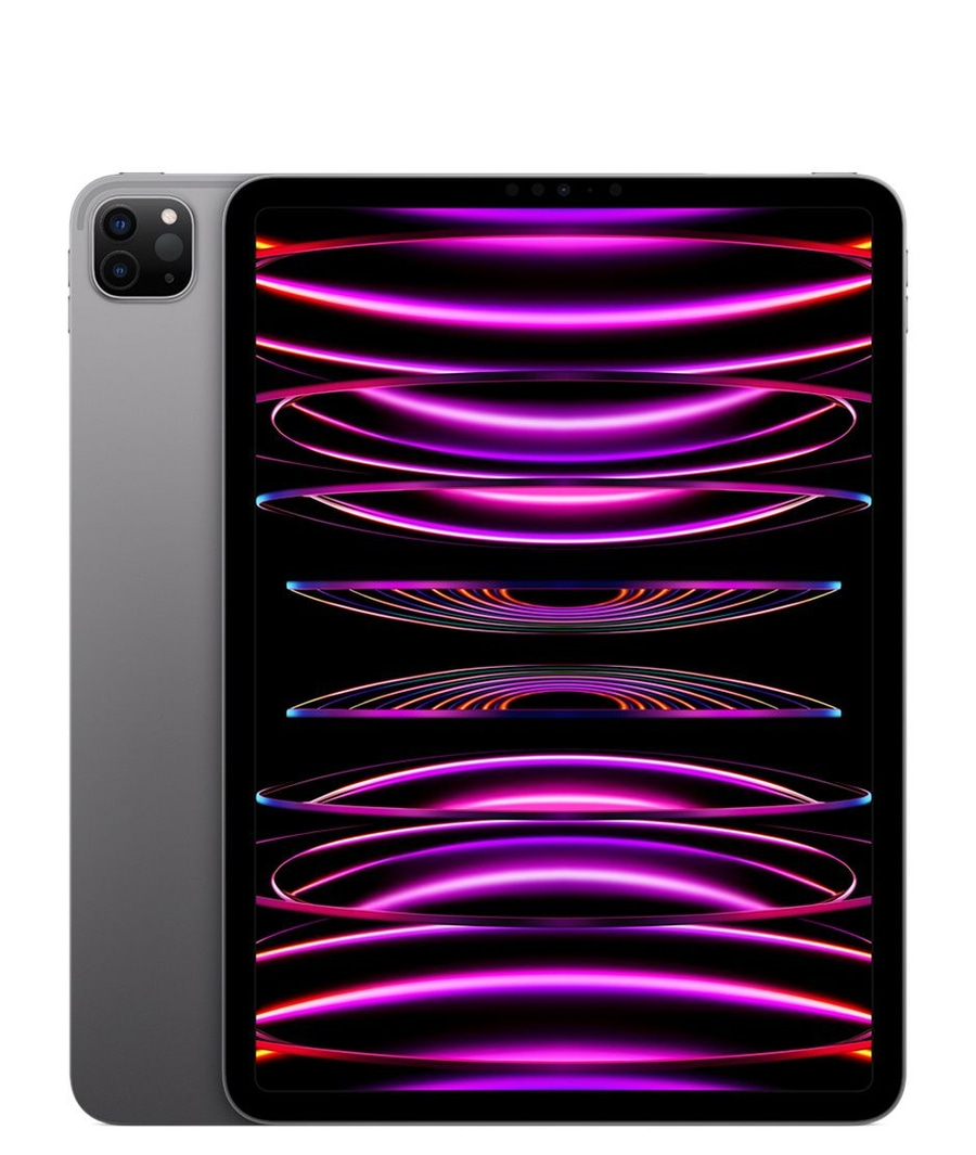Ein graues iPad Pro mit einem lila und pinken Hintergrund auf dem Bildschirm.