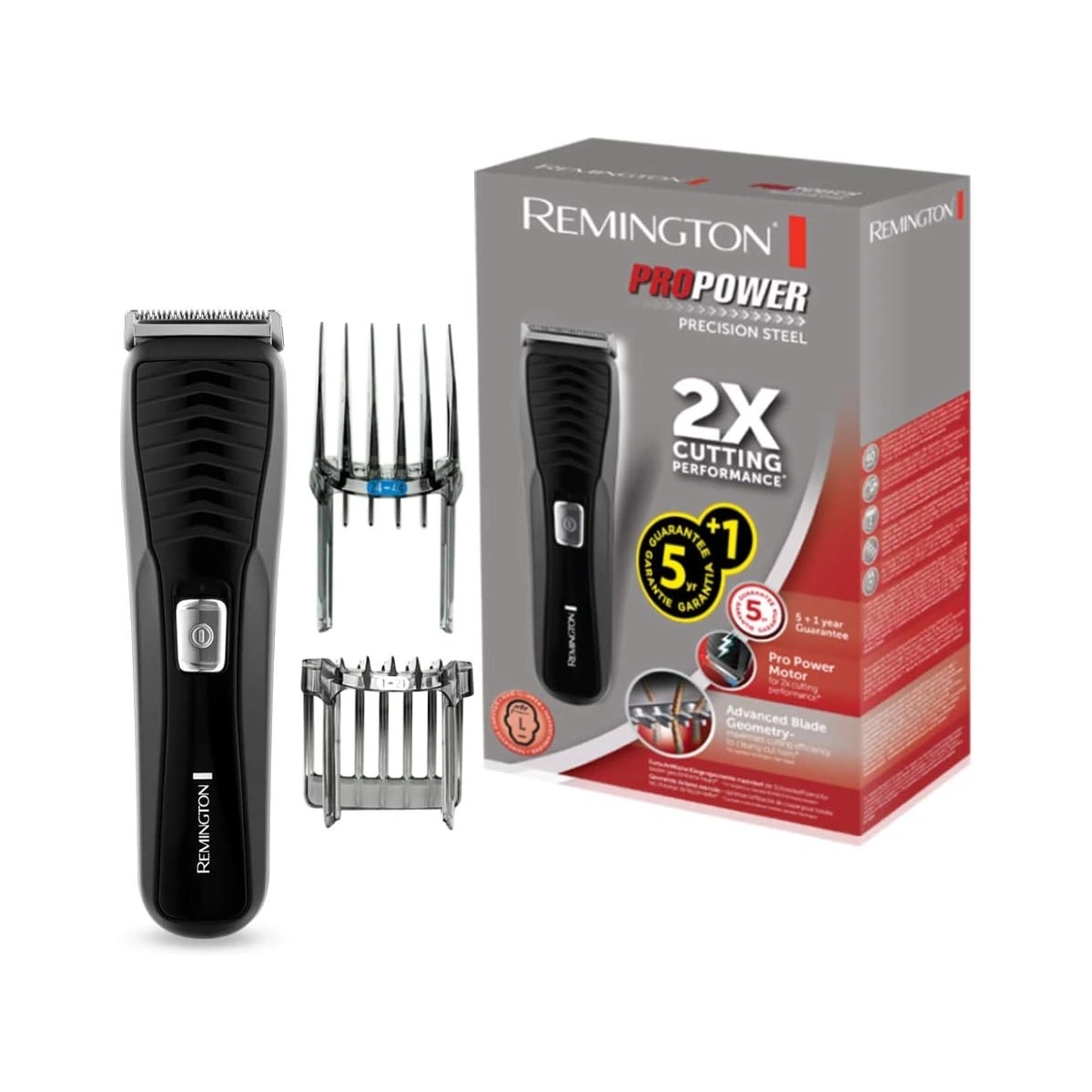 Remington Haarschneider mit Aufsätzen und Verpackung auf weißem Hintergrund.