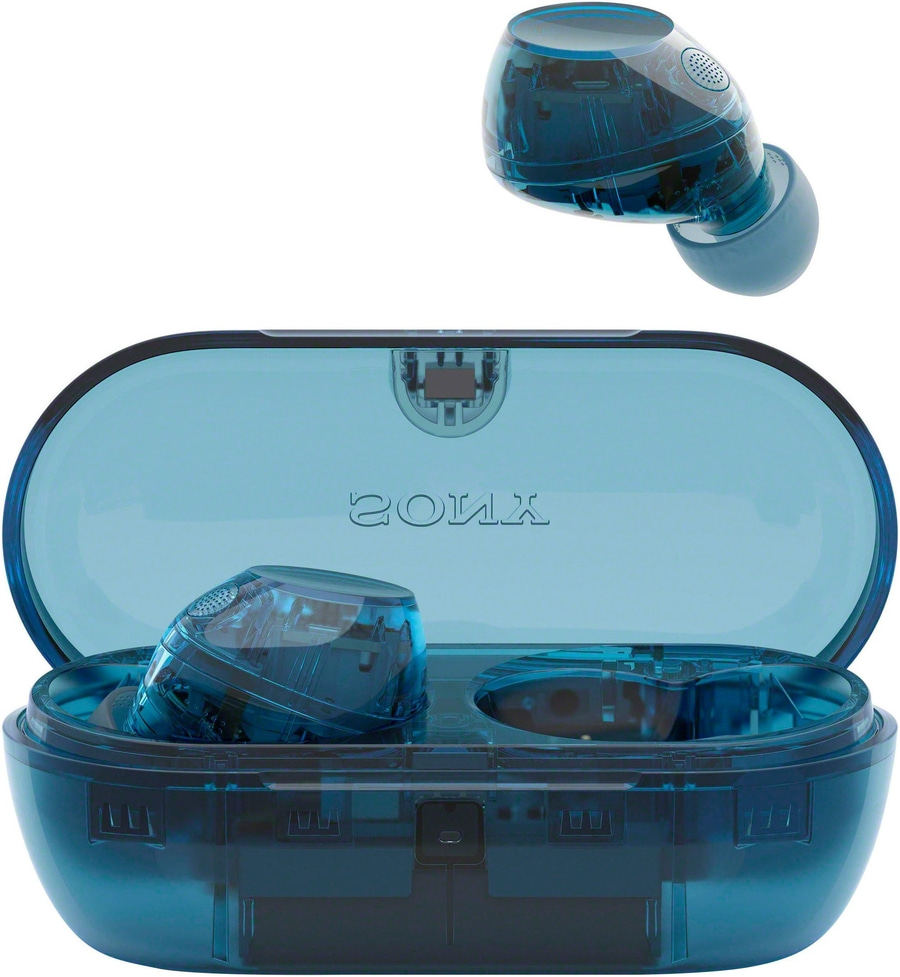 Transparente blaue Sony Kopfhörer mit Ladecase