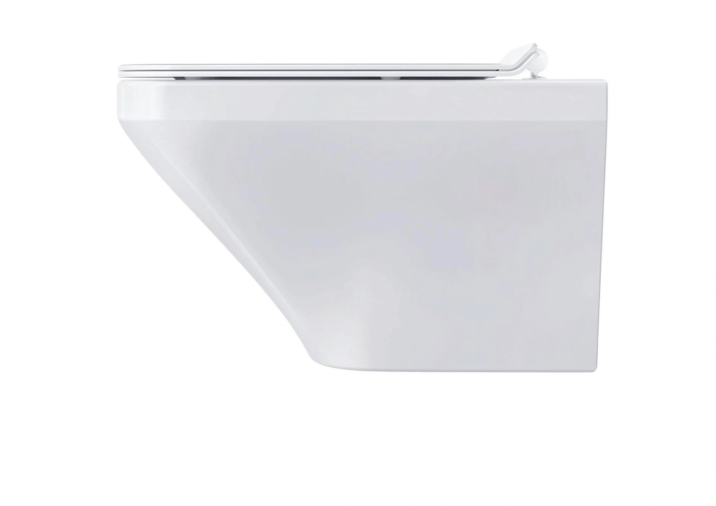 Weißes Wand-WC mit Deckel und Sitz, Seitenansicht, isoliert auf weißem Hintergrund.