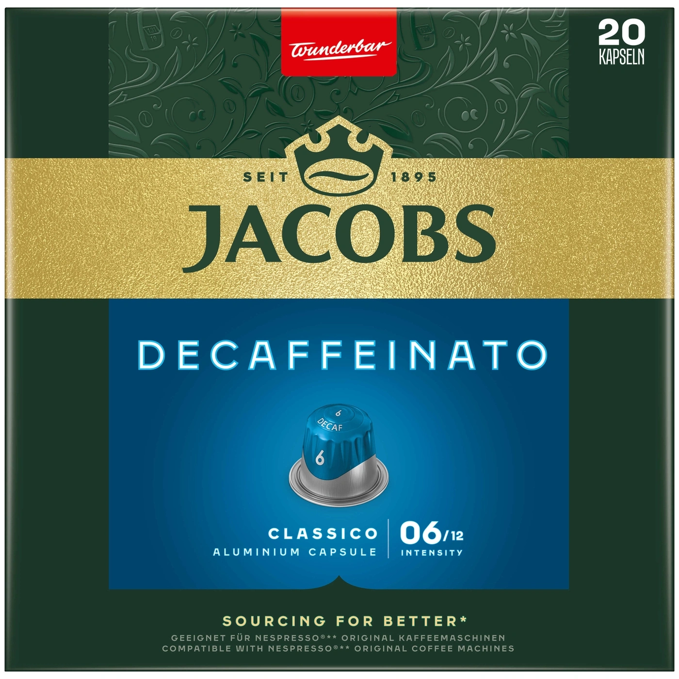 Kaffeekapseln von Jacobs, Decaffeinato, Classico, 20 Kapseln, 06/12 Intensität, Wunderbar