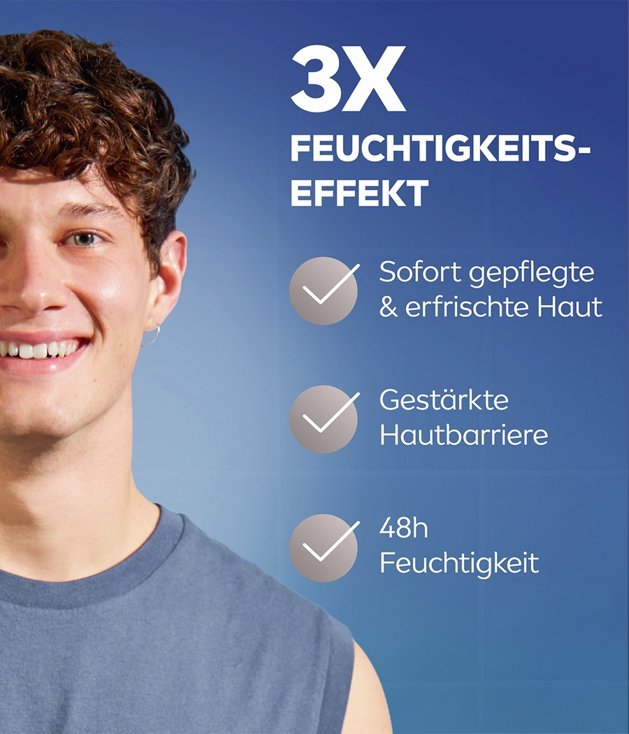 Männliches Model mit Text "3X FEUCHTIGKEITS-EFFEKT" und drei Vorteilen.