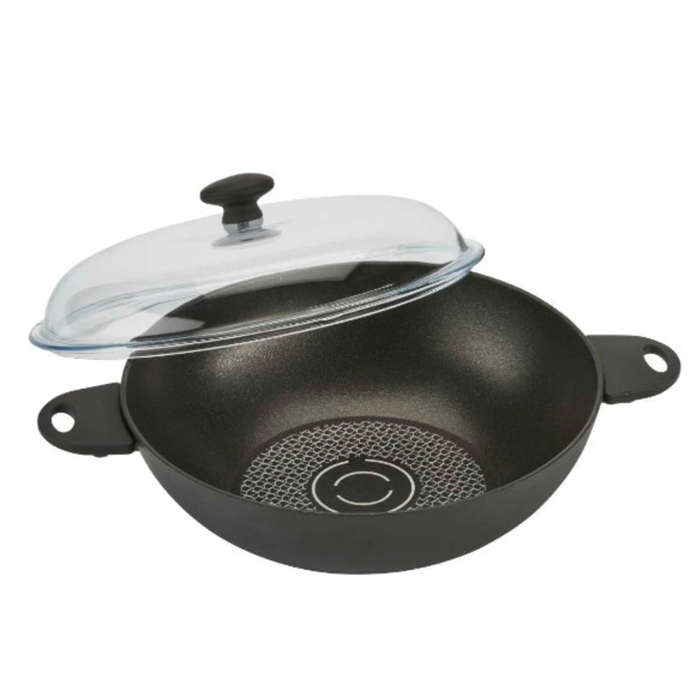 Schwarze Wok-Pfanne mit Glasdeckel, Griffen und Innenmuster.