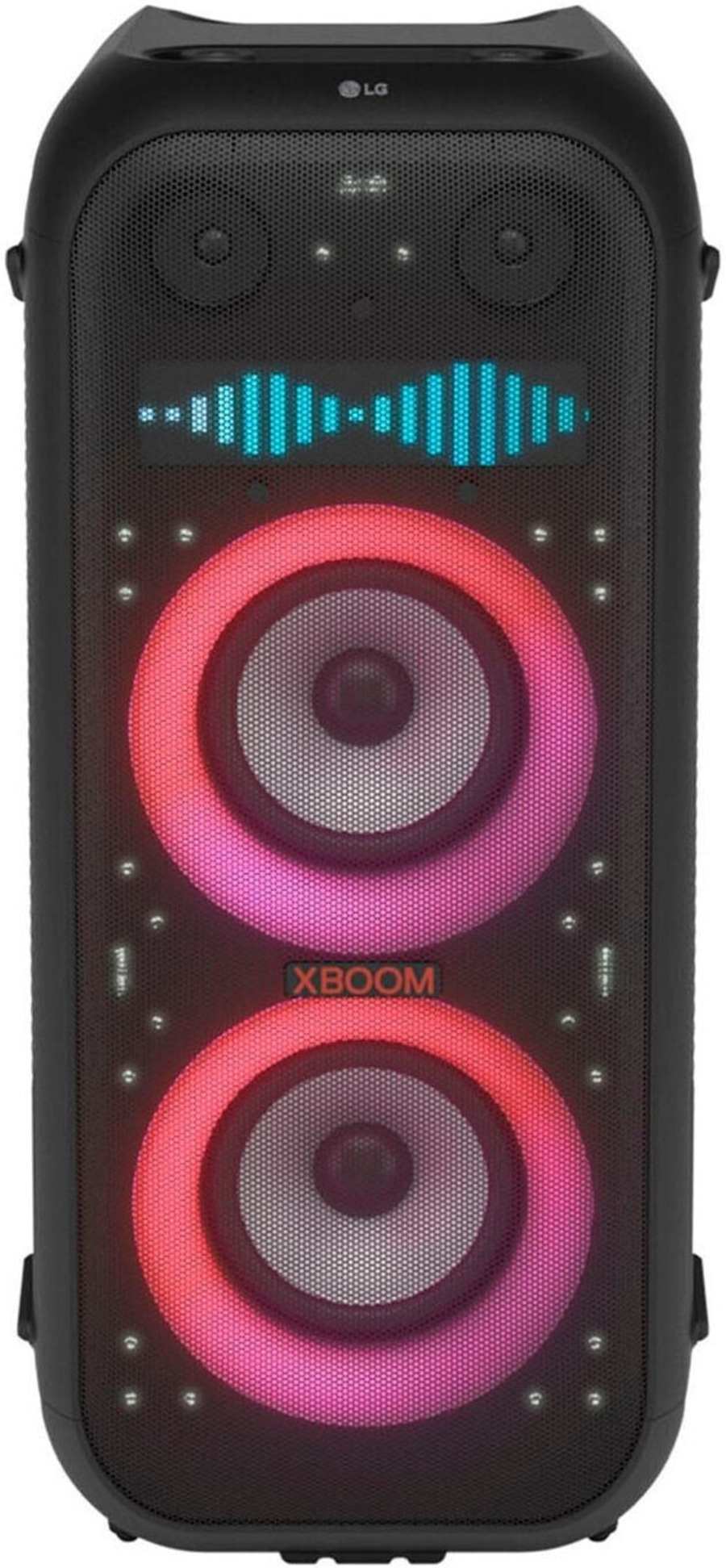 Schwarzer Lautsprecher mit bunten Lichtern und XBOOM-Logo, LG-Logo oben.