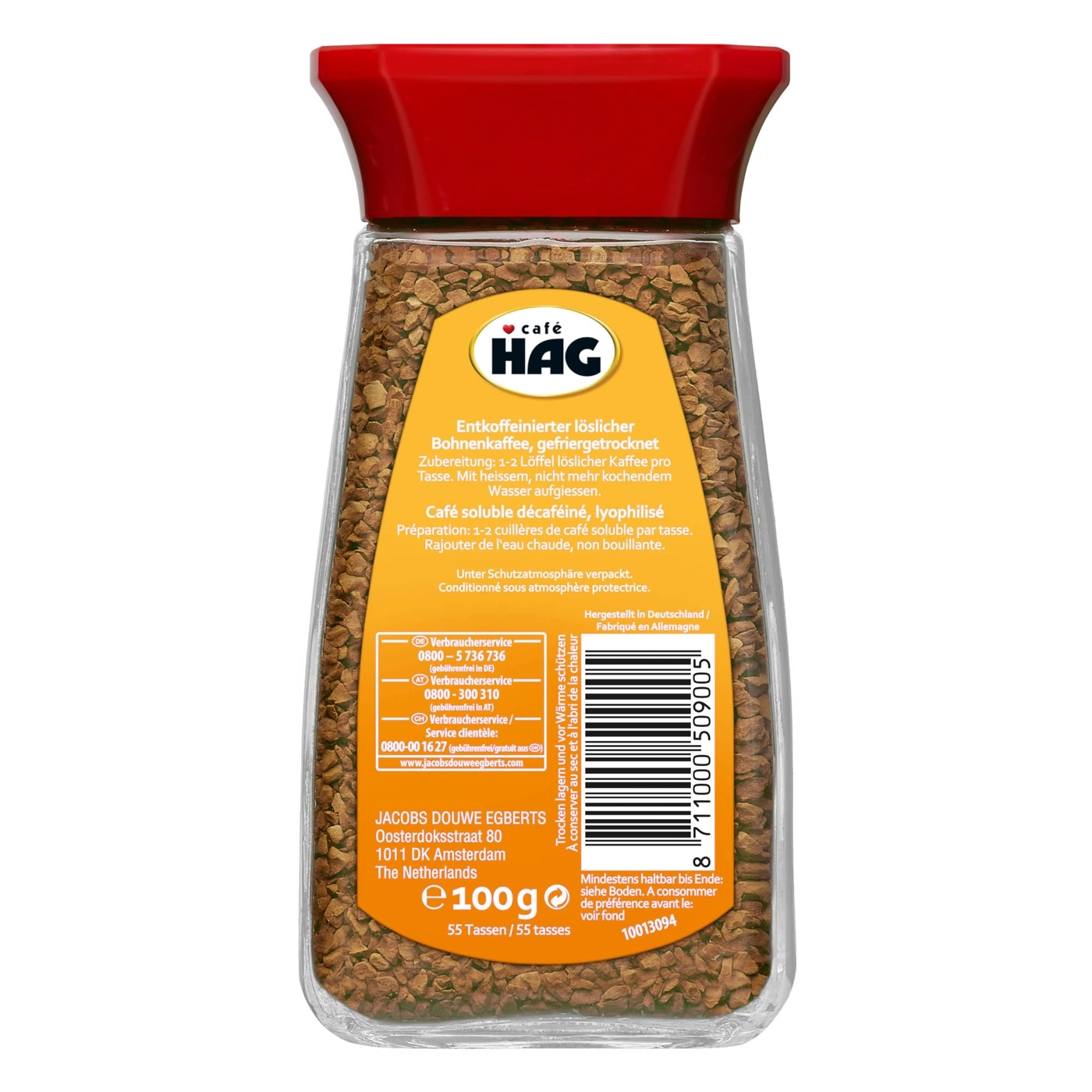 Kaffee HAG, entkoffeinierter löslicher Kaffee, 100g, 55 Tassen, gefriergetrocknet, Jacobs Douwe Egberts
