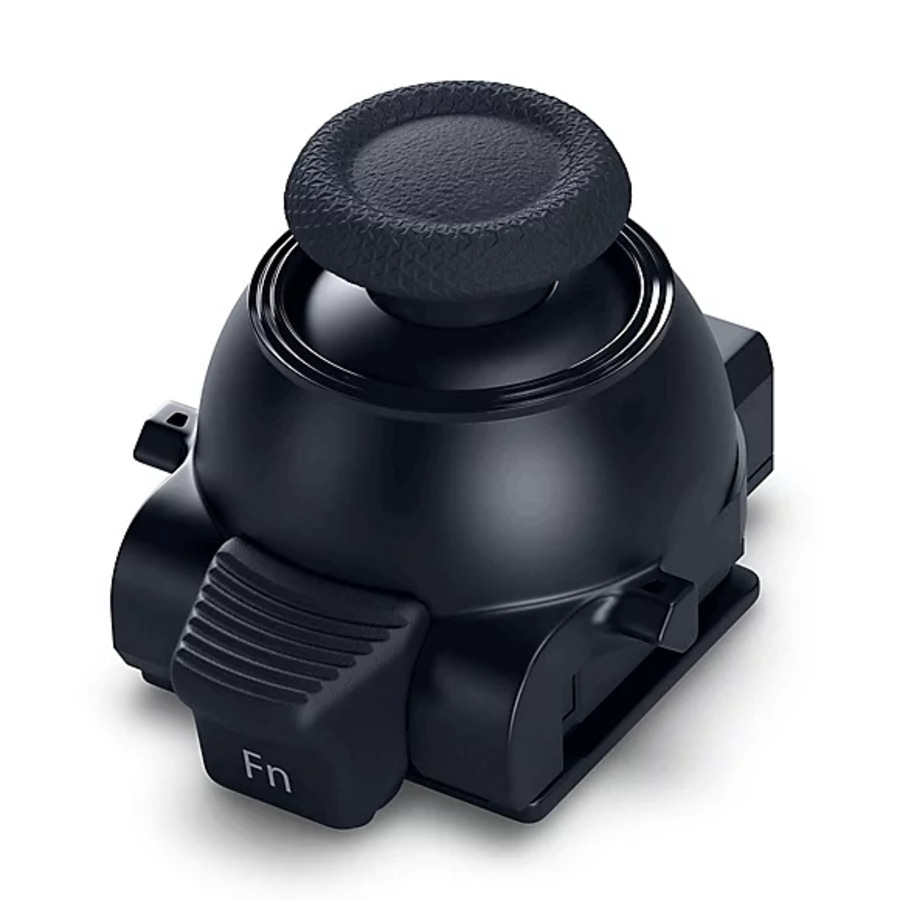 Schwarzer Joystick mit Fn-Taste, für Gaming-Zwecke, Nahaufnahme, isoliert
