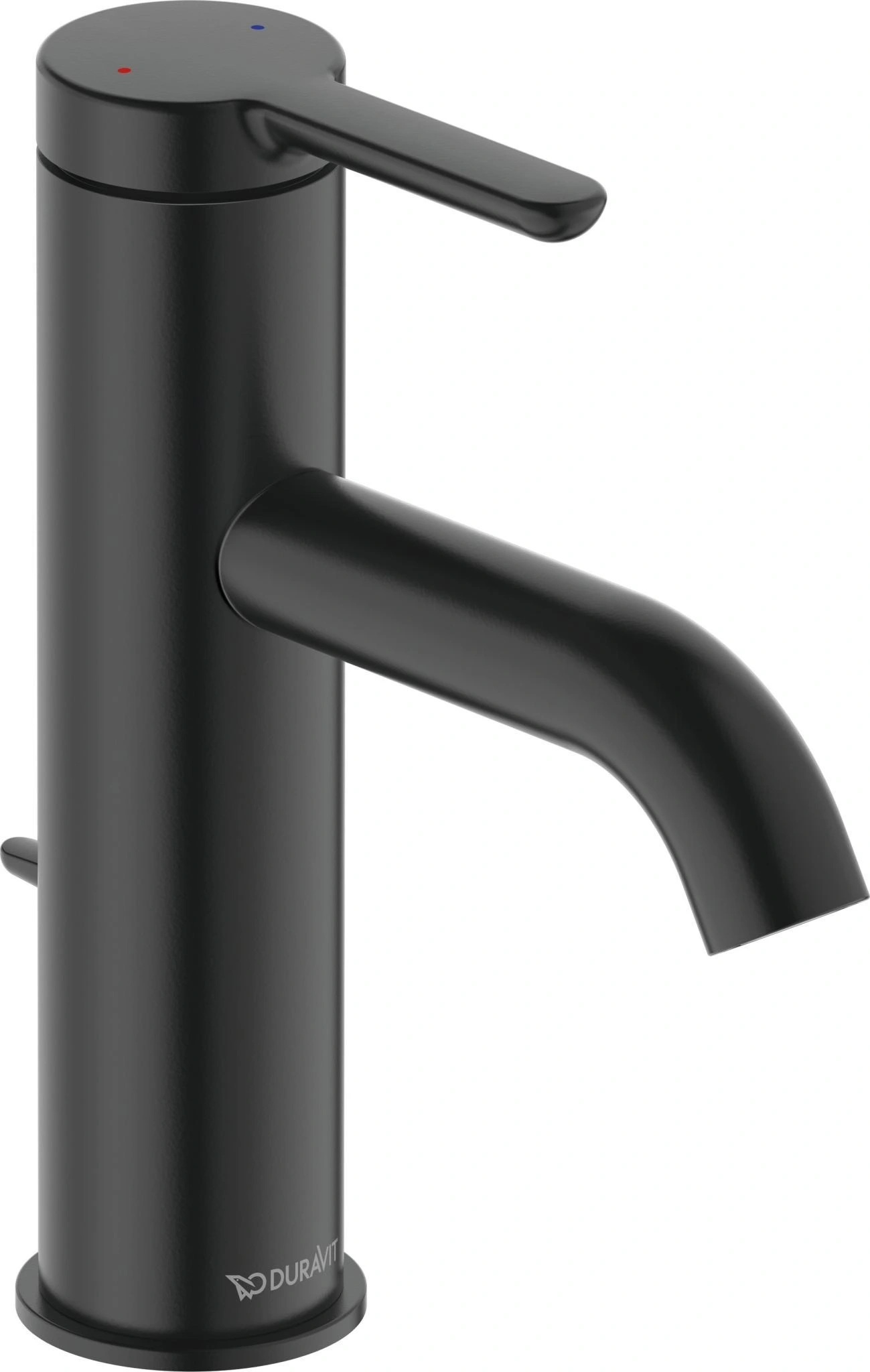 Schwarze Armatur mit Ausguss und Griff, Duravit-Logo, Wasserhahn