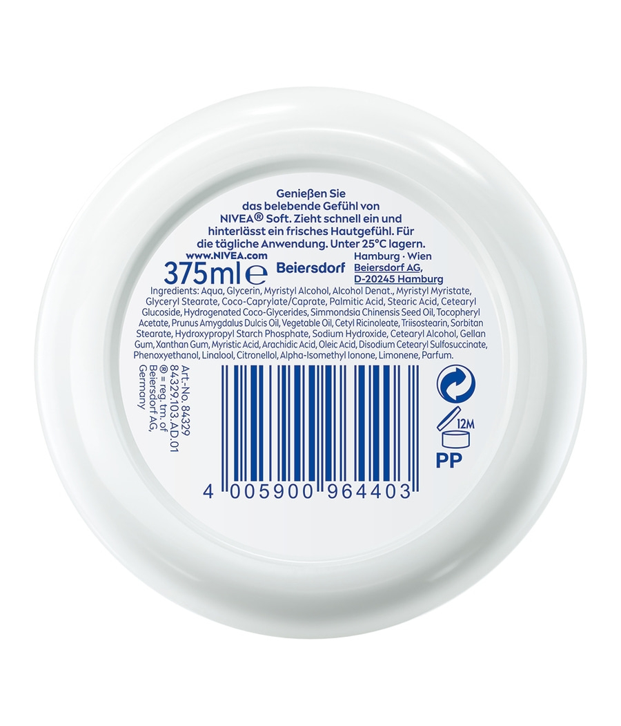 NIVEA Soft Creme, 375ml, Hautpflege, Inhaltsstoffe, Barcode, 12M, PP, Beiersdorf AG