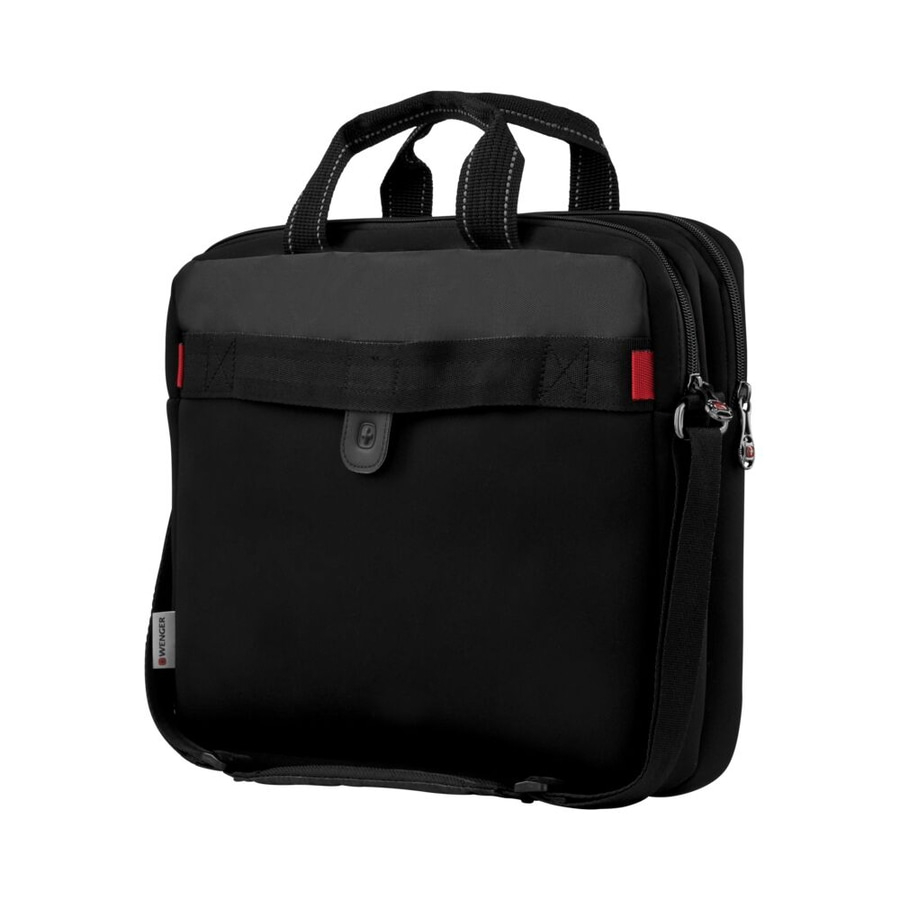 Schwarze Laptoptasche mit Griffen und Schultergurt, Marke Wenger