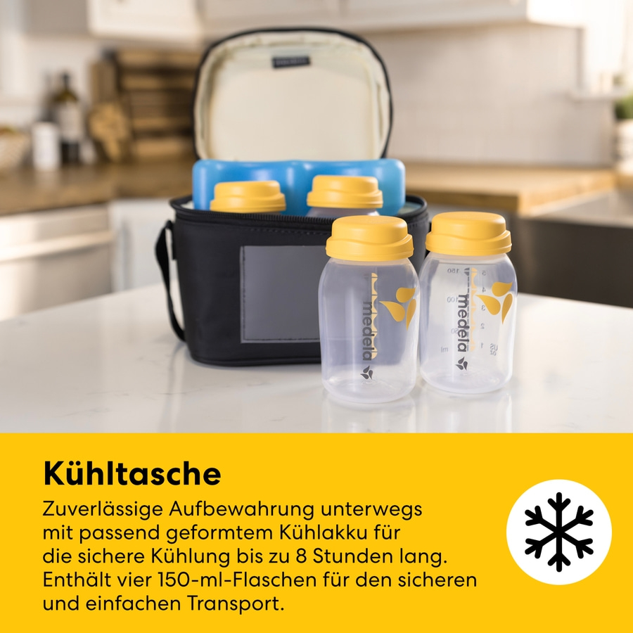 Kühltasche mit vier 150-ml-Flaschen und Kühlakkus für den Transport