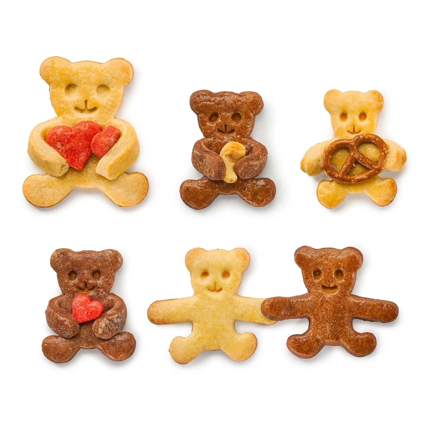 Sechs Teddybären-Kekse in verschiedenen Farben und mit verschiedenen Accessoires.