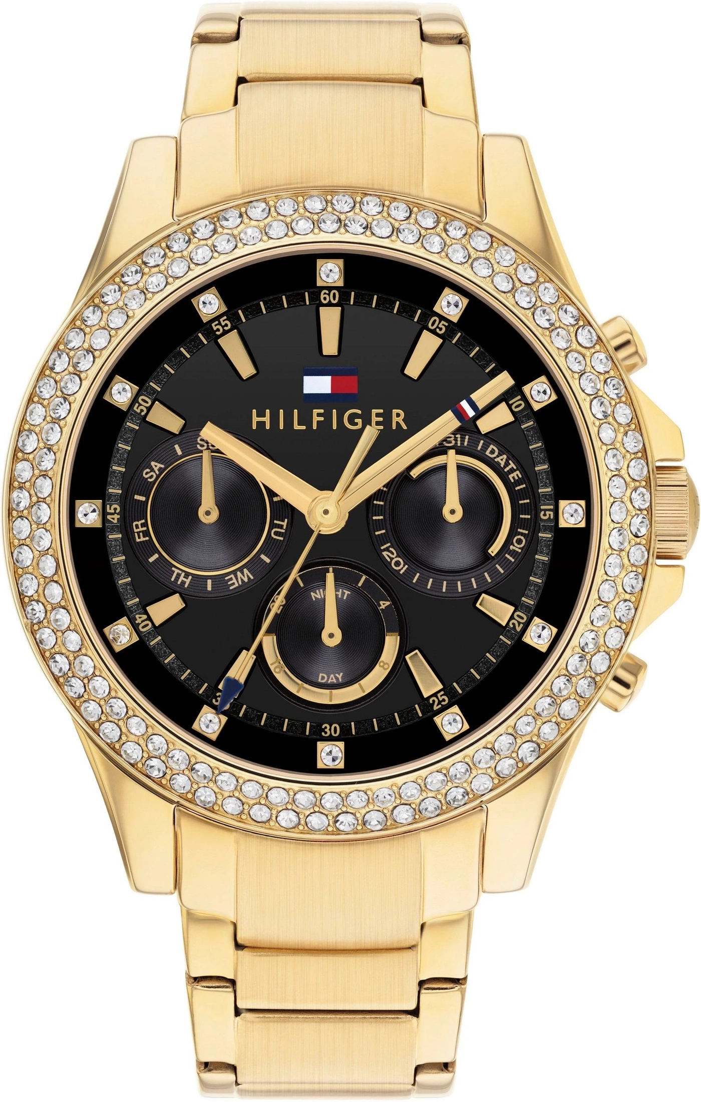 Goldene Tommy Hilfiger Damenuhr mit schwarzen Zifferblatt und Kristallbesatz