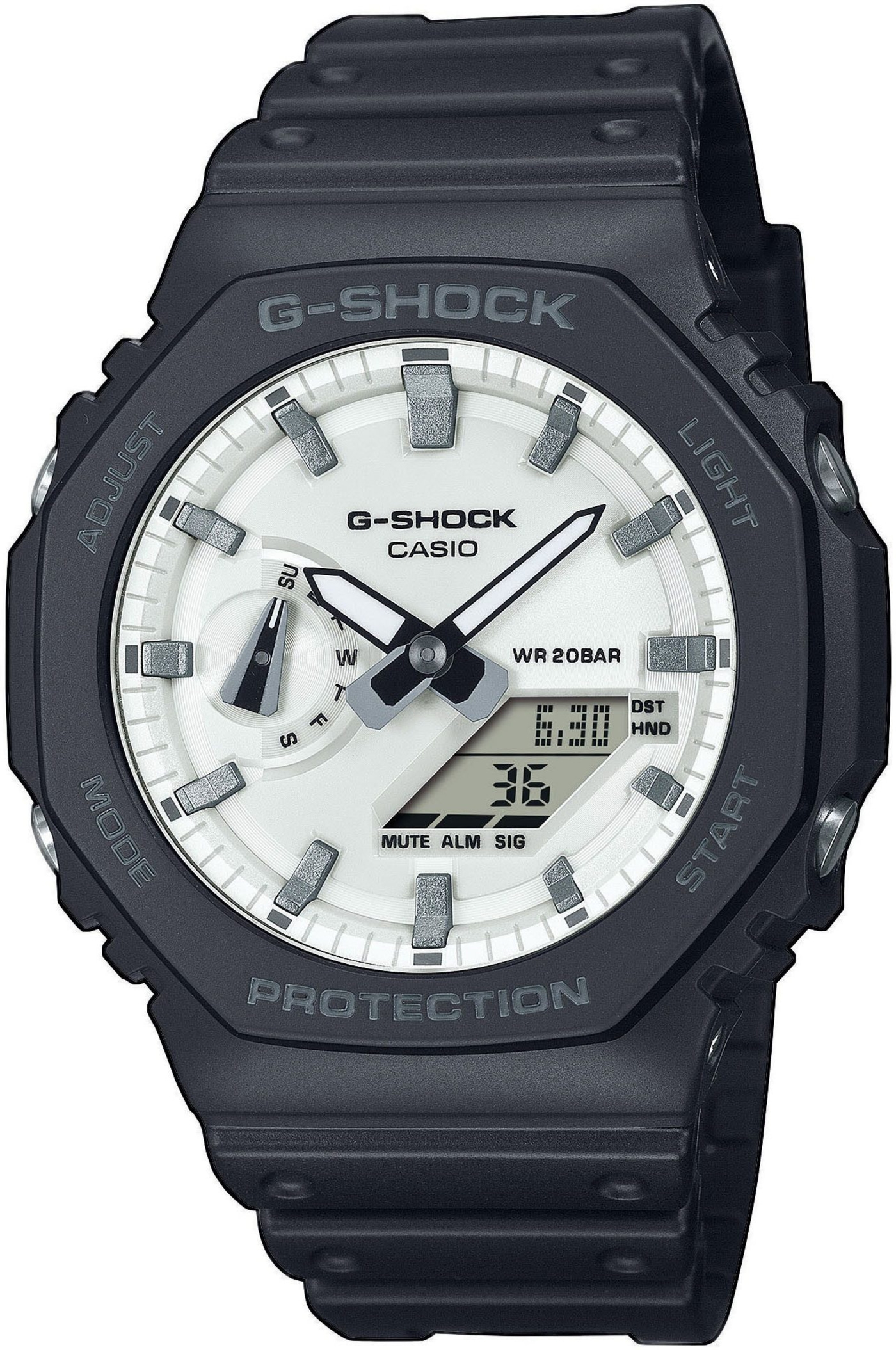 G-Shock Armbanduhr mit schwarzem Gehäuse und weißem Zifferblatt