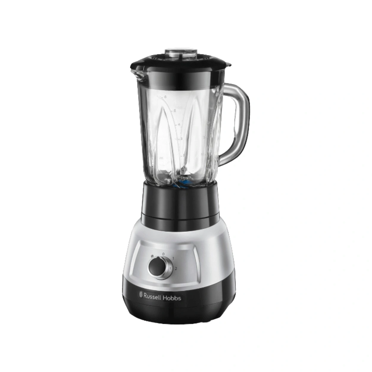 Ein Russell Hobbs Standmixer mit Glasbehälter und silber-schwarzem Gehäuse.