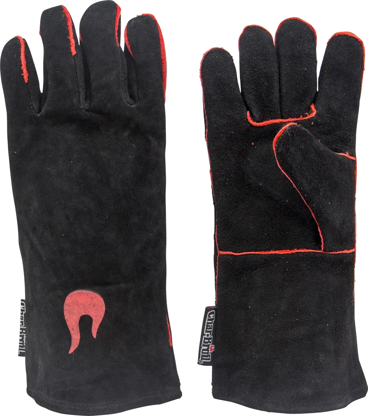 Schwarze Grillhandschuhe mit roter Naht und Flammenlogo, hitzebeständig