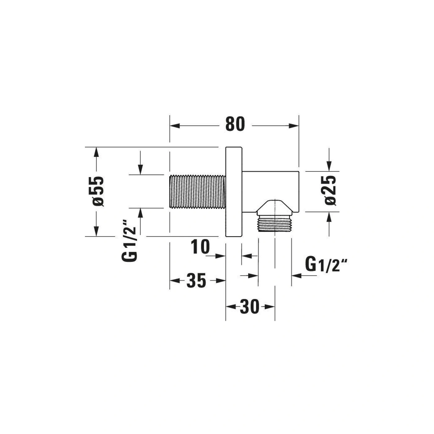 Rohrverbinder mit Maßen: 80mm, Ø55mm, Ø25mm, G1/2" Gewinde, 10mm, 35mm, 30mm