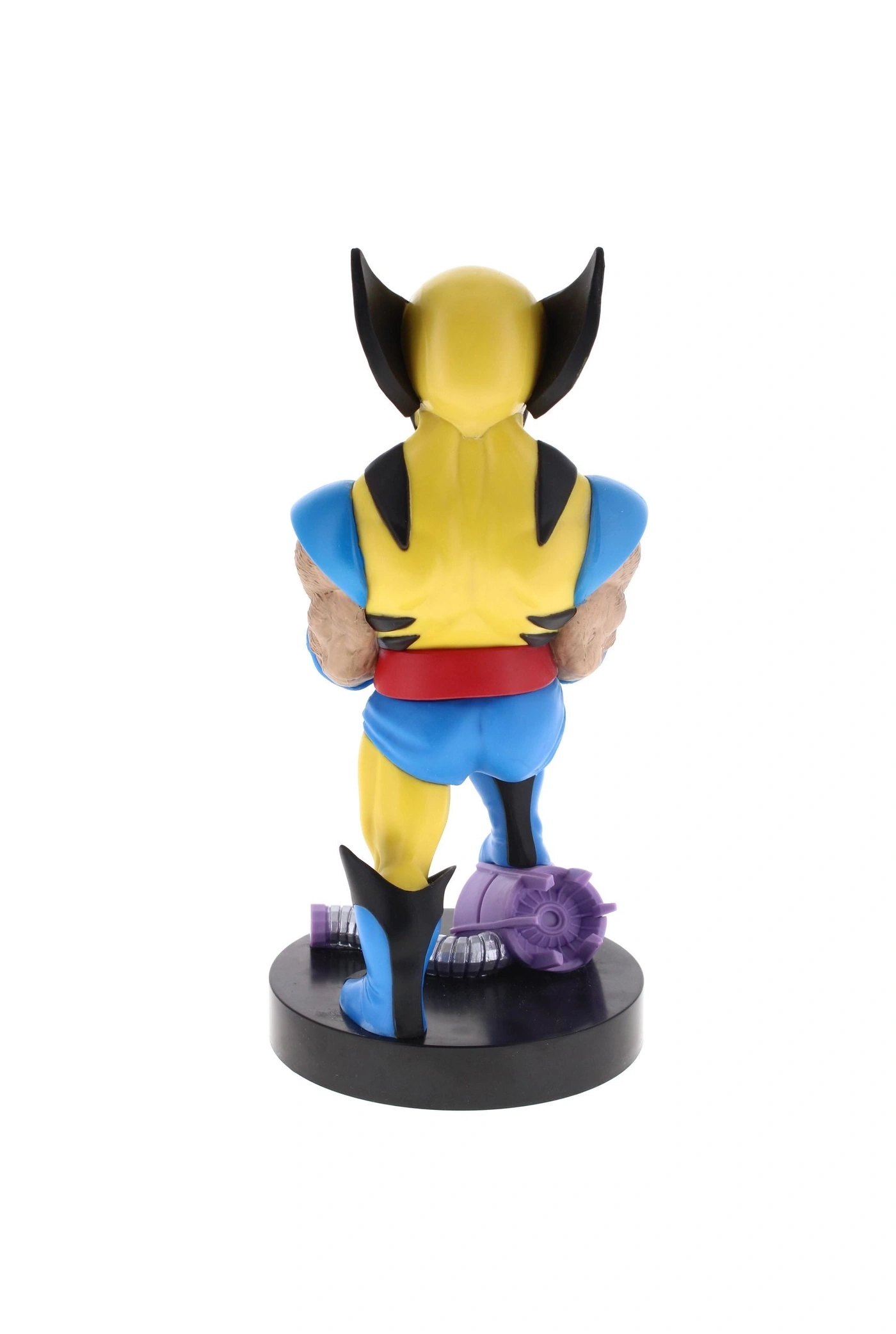 Rückansicht einer Wolverine-Figur im blauen und gelben Anzug, mit roten Gürtel und lila Ausrüstung am Fuß