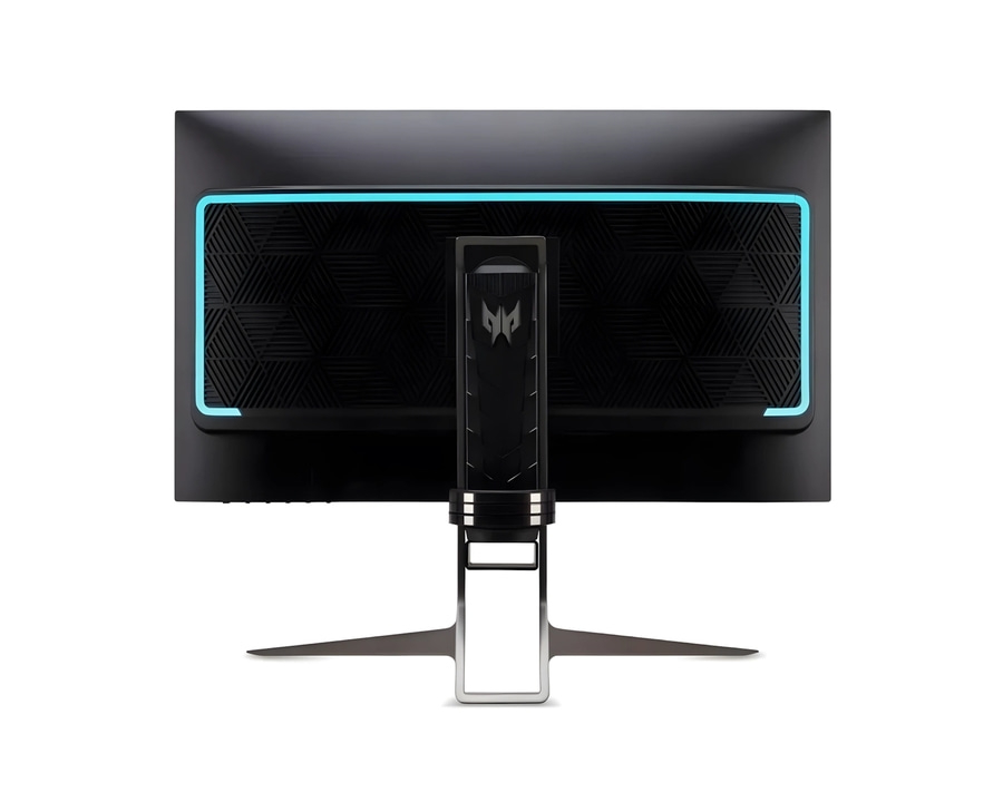 Rückseite eines Monitors mit blauem Lichtrand und Acer-Logo.