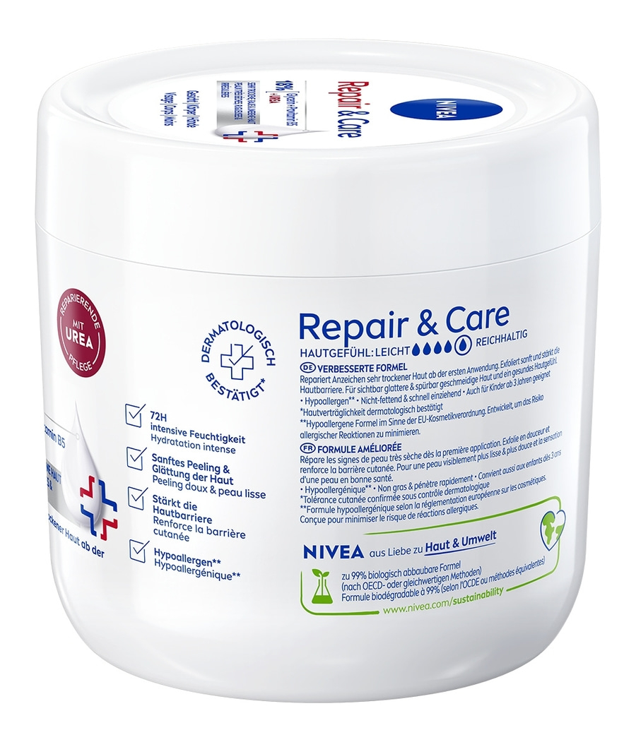 Nivea Repair & Care Creme mit Urea und Hyaluronsäure für trockene Haut.