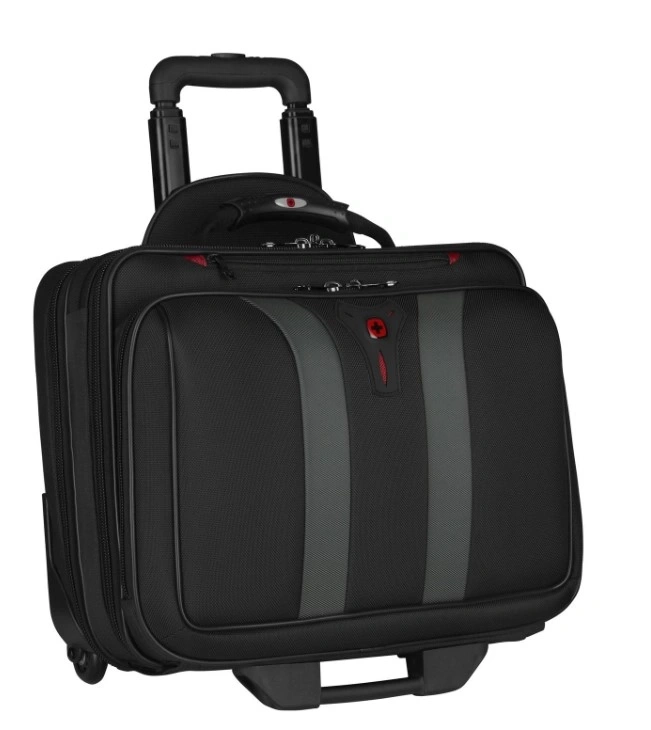 Schwarzer Rollkoffer mit grauen Streifen und ausziehbarem Griff, ideal für Reisen.