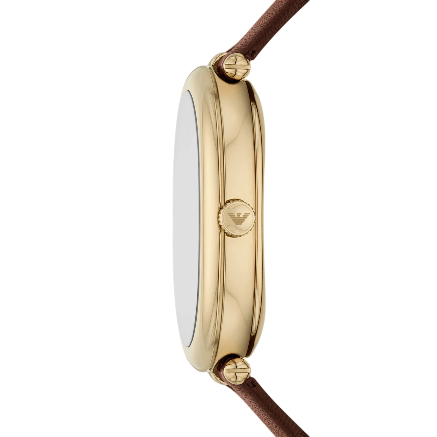 Seite einer goldenen Uhr mit braunem Lederarmband und Logo