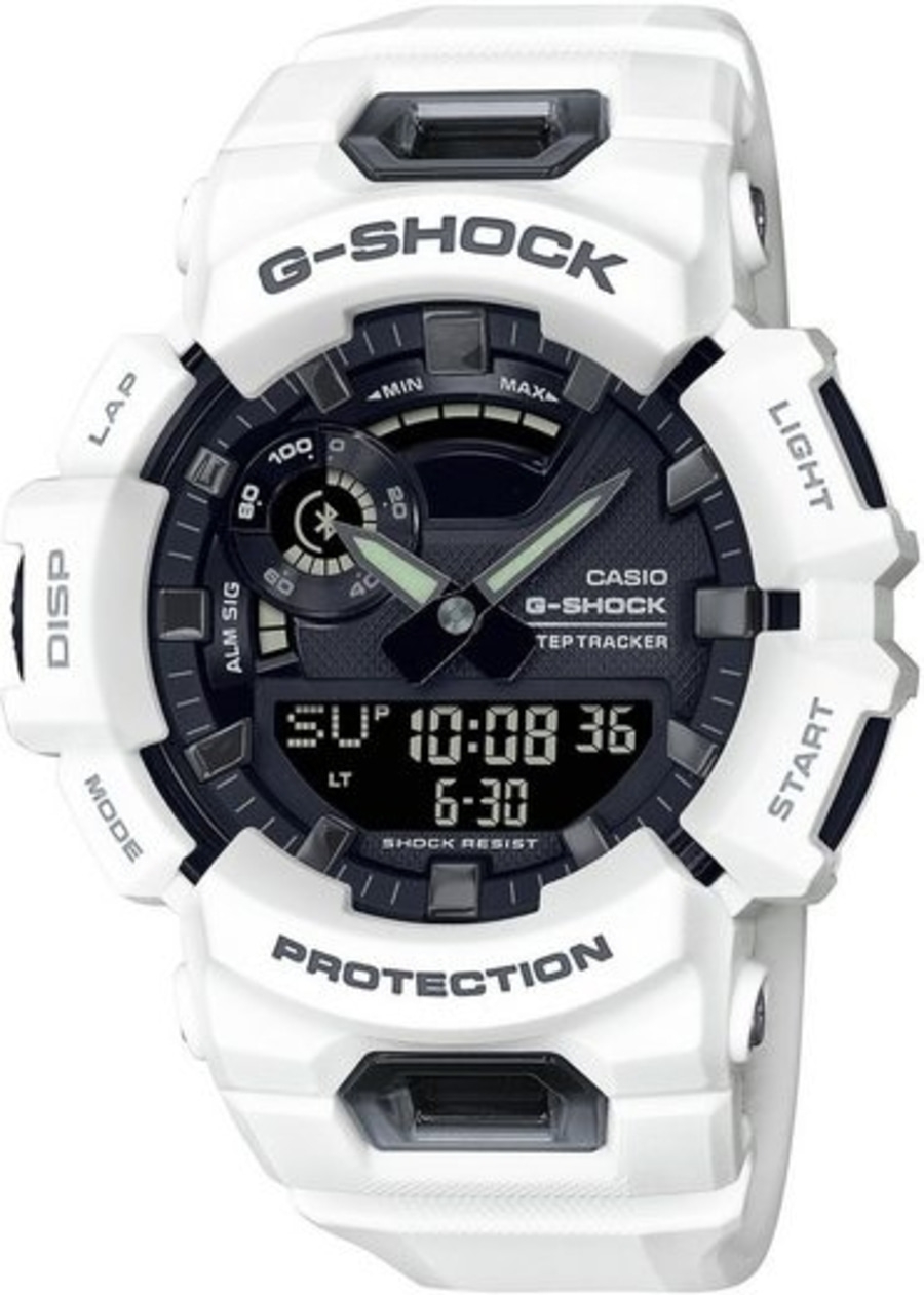 Weiße G-Shock-Uhr mit digitaler Anzeige und Schutzfunktion, robustes Design.
