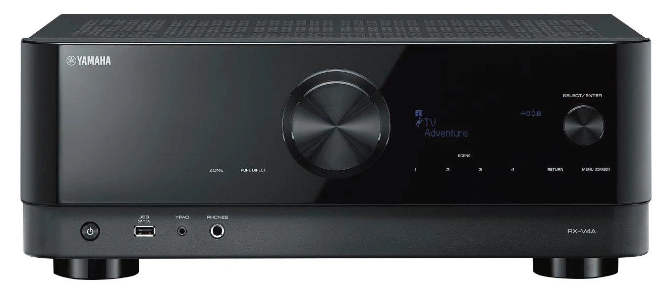 Ein schwarzer Yamaha AV-Receiver RX-V4A mit einem großen Drehknopf und einem Display.